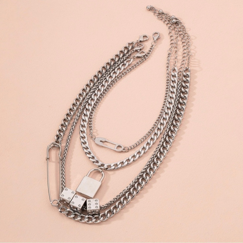 SILVER DICE AND SAFETY PIN MULTI LAYERED CHAIN NECKLACE​